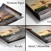 The image is a collage of four photos depicting a woman dancing in front of the Eiffel Tower. The collage includes three different views of the woman and the Eiffel Tower, with the top left, top right, bottom left, and bottom right photos showing the woman in various poses.