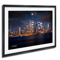 A nighttime cityscape with illuminated skyscrapers and a full moon in the sky.