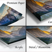 The image is a collage of four different images, each depicting a mountainous landscape. The images are labeled as "Premium Paper", "Canvas Wrap", "Acrylic", and "Metal/Aluminum".