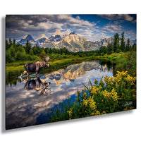 A majestic moose stands in a serene lake, its reflection mirrored perfectly in the still water, with a breathtaking mountain range in the distance.