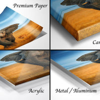 The image is a collage of four different views of an elephant, each with a different texture or finish, including a canvas wrap, acrylic, metal, and aluminum.