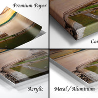 The image is a collage of four different types of print materials, including premium paper, canvas wrap, acrylic, and metal/aluminum.