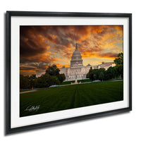 the United States Capitol building in Washington D.C., with a dramatic sky in the background featuring orange and red hues.