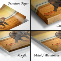 The image is a collage of four different views of an elephant on a wooden surface, with each view labeled as either "Premium Paper", "Canvas Wrap", "Acrylic", or "Metal/Aluminum".