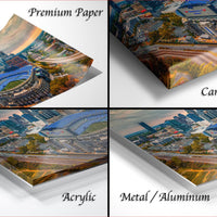 four different views of a cityscape, each with a distinct perspective and angle. The text labels the different types of materials used to display the cityscape, including "Premium Paper", "Canvas Wrap", "Acrylic", and "Metal/Aluminum".
