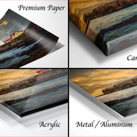 The image is a collage of four different images, each depicting a sunset over a body of water. The images are labeled as "Premium Paper", "Canvas Wrap", "Acrylic", and "Metal/Aluminum".