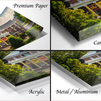 The image is a collage of four photos depicting a building surrounded by trees, with each photo labeled as either "Premium Paper", "Canvas Wrap", "Acrylic", or "Metal/Aluminum".