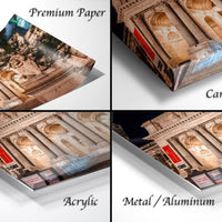 The image is a collage of four photographs depicting different types of paper or wrapping materials, including "Premium Paper", "Canvas Wrap", "Acrylic", and "Metal/Aluminum".
